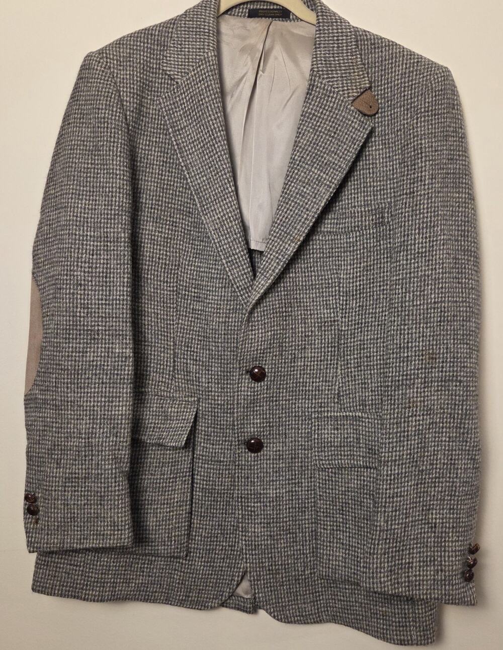 Harris Tweed Men's Gray Houndstooth Wool Blazer Jacket Leather Elbow Patches 46R